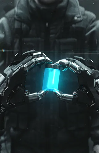 Two robotic hands with chrome joints delicately holding a glowing blue cylindrical vial, with a blurred figure in a dark tactical suit in the background, styled like 16mm archival footage with film grain and scratches.