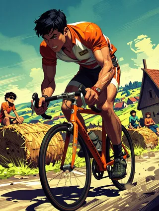 A cyclist wearing an orange and white jersey intensely racing on a vintage orange road bike in a bold comic book style, set against a rural landscape with hay bales and spectators.