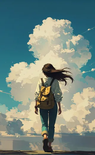 A young woman with long flowing brown hair walks away wearing a white shirt, blue jeans, and a tan backpack, beneath a vast sky filled with fluffy cumulus clouds.