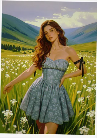 A young woman with long, wavy brown hair stands wearing a strapless floral grey dress with black ribbon accents in a lush mountainous field with white wildflowers under cloudy skies.