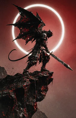 A massive demonic warrior in ornate spiked plate armor stands on a jagged cliff, wings tattered and spread, holding a heavy serrated blade, silhouetted against a glowing celestial ring and crimson background with gritty texture.