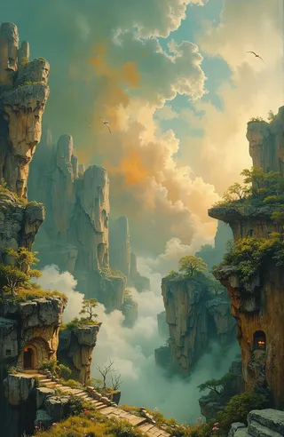 A fantasy landscape featuring towering cliffs covered in greenery, shrouded in morning mist under a dramatic sky painted in renaissance oil style with visible impasto brushstrokes.