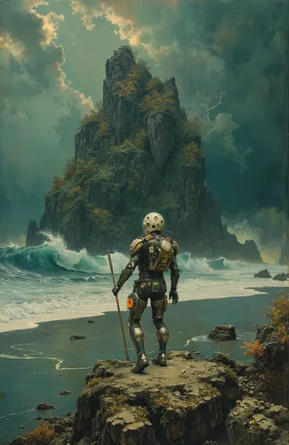 A cybernetic figure in a bioluminescent diving suit stands on a rocky outcrop overlooking a dramatic volcanic black sand beach with foaming ocean waves, under a dark stormy sky illuminated by lightning and moonlight.