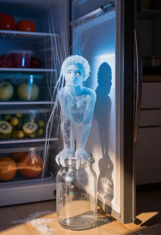 A translucent miniature ice-woman with crystalline frost and pale blue skin climbs out of a glass jar inside an open refrigerator, illuminated by cool blue and warm amber kitchen light.
