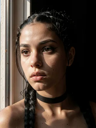High-resolution portrait of a young woman with braided black hair and a black choker, illuminated by soft natural window light against a dark background.