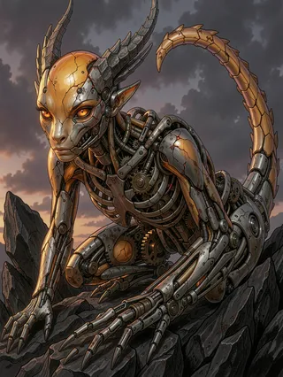 A steampunk-inspired cyborg dragon girl crouching in a predatory pose on volcanic stones, with glowing amber eyes and intricate mechanical skeletal details.