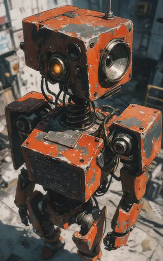 Angular geometric humanoid robot with a boxy rectangular head, rough and chipped bright orange paint, glowing amber eye sensor, exposed wiring, standing in a gritty urban industrial setting.