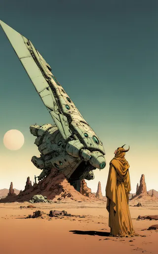 A lone robed figure in mustard yellow with a horned headdress stands in a vast alien desert, gazing at a colossal crashed spacecraft with detailed mechanical panels and teal-green portholes.