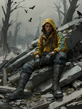 Digital painting of a weary male survivor wearing a mustard-yellow hooded jacket with blue stripes, sitting on rubble in a desolate post-apocalyptic landscape with twisted leafless trees and flying crows.