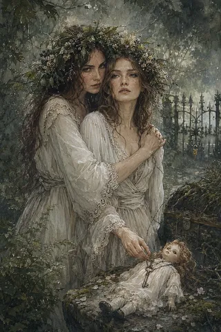 Two adult midsummer sisters in antique white linen dresses, wearing botanical wreaths, embrace protectively in a shadowy green forest clearing with a porcelain doll and iron key on a mossy stone altar.