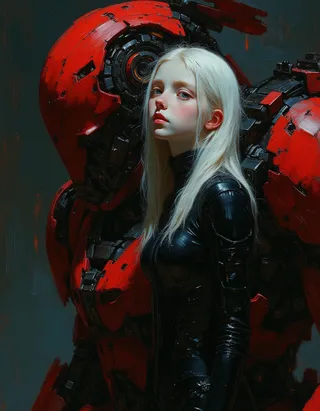 Detailed oil painting of an albino teen female cyberpunk pilot in a black flight suit standing before her large red and black mecha inside a dark spaceship, rendered in Rembrandt style.
