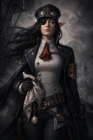 Semi-realistic portrait of an adult elf officer woman wearing a white fitted military uniform, dark navy coat, and peaked cap with brass goggles. She has long black windblown hair, a black eyepatch over her left eye, and an icy blue right eye. She holds a pearl-handled revolver wrapped in a pale silk scarf with one hand, standing authoritatively against a smoky, dark urban backdrop.