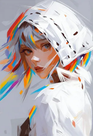 Close-up half-portrait of a female with a white hood and vibrant rainbow-colored hair, painted using textured and expressive brushstrokes in semi-realistic style.