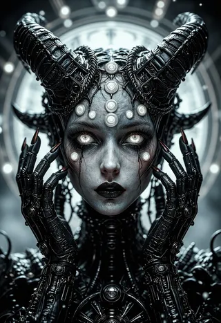Dark surreal horned oracle with charcoal-blue skin and six pale glowing eyes, detailed biomechanical gothic horns and black ritualistic hands, surrounded by a cold, misty shrine backdrop.