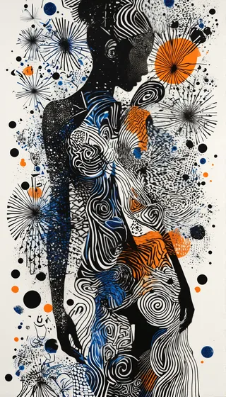 Abstract artwork of a female figure composed of black and white intricate geometric patterns highlighted with blue and orange accents on a smooth white background.