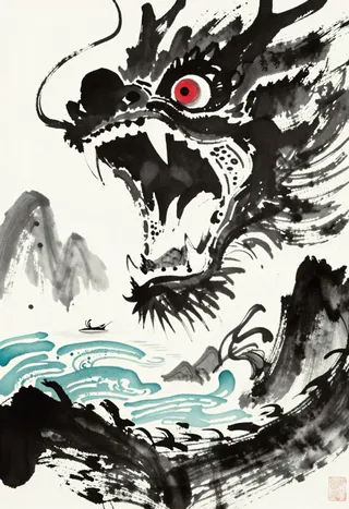 Black ink wash painting of a giant dragon with red eyes, open mouth showing sharp teeth, amidst waves and mountains in a traditional Japanese style landscape.