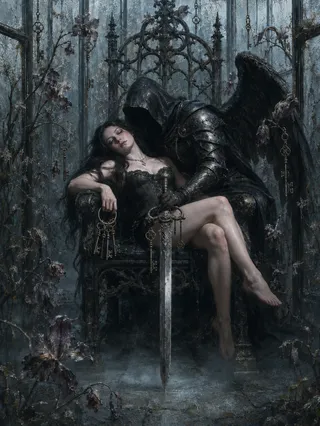 A pale woman in a black lace corset sleeps across an ornate iron throne, cradled by a hooded raven-winged knight in black armor holding a silver sword, set in a frozen glass conservatory with hanging antique keys and wilted purple lilies under blue-gray moonlight.