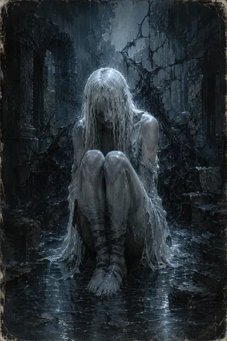 Pale spectral woman with long wet white hair crouched in dark flooded ruined environment with torn slip dress and striped leg wraps, surrounded by thorny root silhouettes and vertical rain.