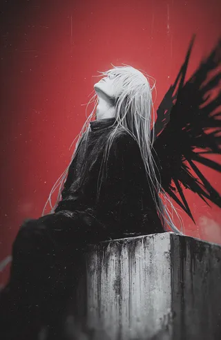 High-contrast monochromatic illustration of a figure with long white hair, black jagged wings, sitting on a weathered concrete block against a red background with film grain and motion blur effects.
