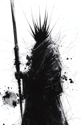 Monochromatic black and white ink illustration featuring a dark figure with jagged spikes on its head holding a long blade, surrounded by ink splatters and fine lines.