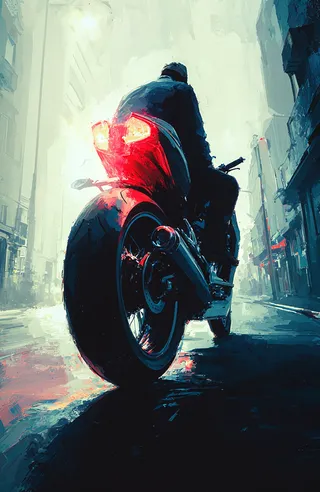 Digital painting of a motorcycle with large rear tire and glowing red taillights, featuring a shadowed rider silhouette in an urban street setting with chiaroscuro lighting and visible brushstrokes.