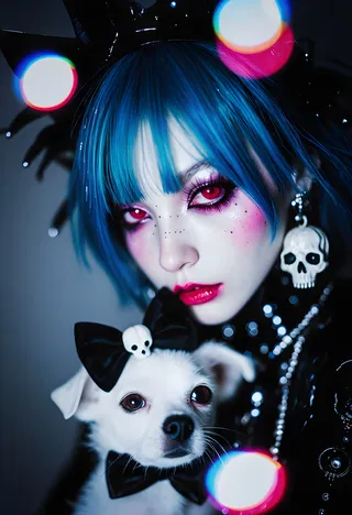 Close-up portrait of a woman with blue punk hair and demonic red eyes, wearing gothic princess cosplay with skull earrings, holding a small white puppy with a skull bow, surrounded by neon bokeh light effects.