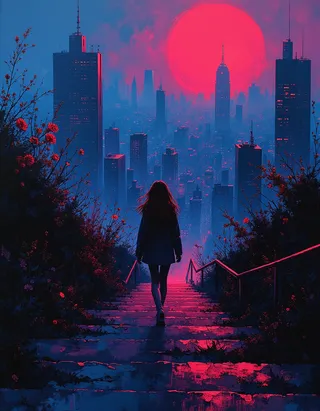 Young teen girl walking down steep stairs overlooking a neon-lit cyberpunk city, glitching and dissolving into pixelated static with crimson and blue hues, styled like Rembrandt.