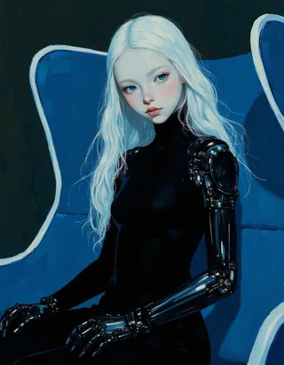 A highly detailed oil painting of a tween albino cyborg girl with long white hair and blue eyes, wearing a black tight bodysuit with mechanical robotic arms, sitting on a futuristic blue chair, illuminated by Rembrandt-style lighting.