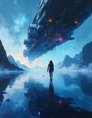 A lone female astronaut walks across a shallow reflective lake under a colossal futuristic spaceship, surrounded by mountains and a cosmic blue sky.