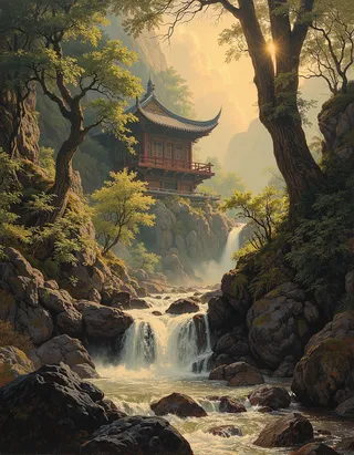 A serene East Asian temple perched above a cascading waterfall, surrounded by lush trees and rocky cliffs with warm sunlight filtering through.