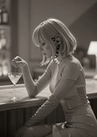 A stylized young woman with a mechanical ear detail sits at a bar counter, delicately holding a cocktail glass in a warm sepia-toned, softly lit, monochromatic setting.