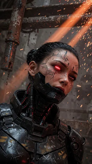 Close-up portrait of a cybernetic female android with red glowing horizontal slit eyes, black mechanical jaw and neck, pale freckled skin, dark hair pulled back, and intricate black circuit-like facial implants, surrounded by an industrial environment with orange sodium lighting and floating sparks.