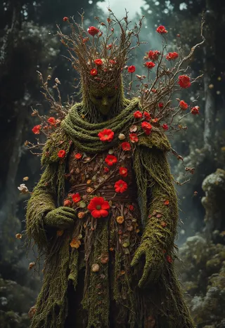A hyper-realistic figure composed entirely of grass and red flowers, resembling a sepia statue in a dark fantasy forest setting.