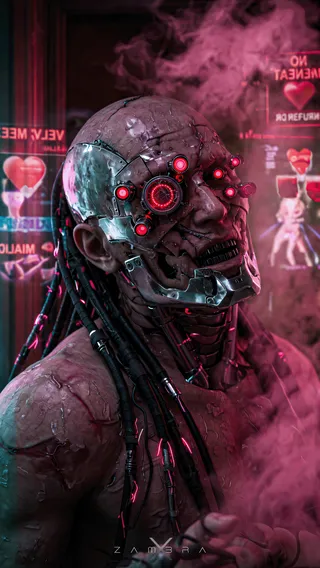 Cybernetic thug with bald head and thick mechanical dreadlocks, face augmented with glowing red sensors and chrome plating, illuminated by vibrant neon pink and magenta rim lighting in a vapor-filled club scene.