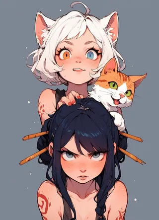 Two anime girls with distinctive features, one with cat ears and heterochromia holding a cat perched on the shoulder of the other girl with dark hair and chopsticks, set against a gray background.