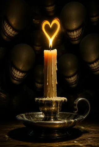 A single candle with wax dripping in a tarnished silver chamberstick, its flame forming a glowing heart shape, surrounded by shadowy smiling faces with toothy eyeless grins in the dark background.