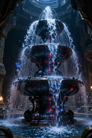 A cascading water fountain made of forged carbon with blue and red glowing ornamentation, magic particles floating, set inside a dark, ornate dungeon.