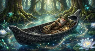 A small gnome sleeping peacefully in a detailed forged carbon boat floating on a magical enchanted pond surrounded by glowing magic particles and mystical forest.