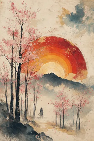 Minimalist watercolor and ink illustration of a tranquil cherry blossom grove with slender sakura trees, a lone samurai figure, and a radiant setting sun behind a distant mountain ridge