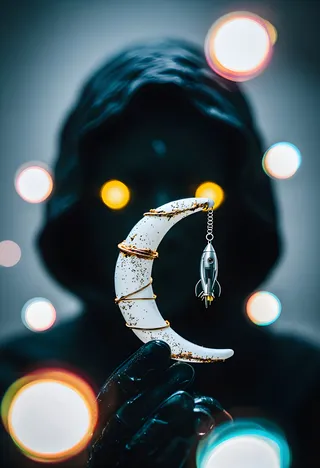Extreme close-up of a cloaked figure with glowing yellow orbs as eyes holding a crescent moon wrapped in gold dust with a dangling silver rocketship keychain, surrounded by colorful neon bokeh lights in a foggy, eerie background.