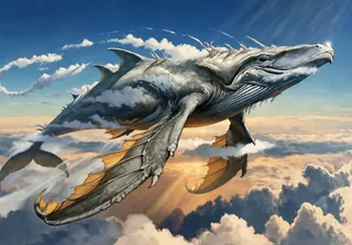 A majestic grey whale with dragon-like wings flying above the clouds against a bright blue sky, with sunlight reflecting on its skin and misty clouds below.