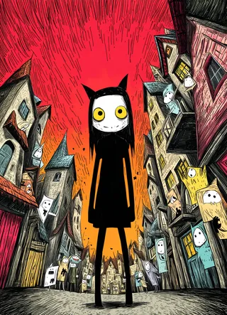 A tall, slender girl with large yellow eyes and black cat-like ears stands in the center of a street lined with plush-like buildings and various paper people figures. The sky is an intense red-orange gradient, and the scene evokes eerie surrealism and emotional tension in a dreamlike graphic novel style.