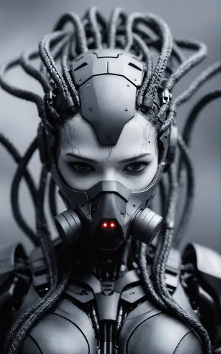 Extreme close-up of a cyberpunk android female figure with segmented grey armored plating styled as thick braided-cable dreadlocks, a respirator mask with glowing red LEDs, and dark tactical armor in monochromatic grey tones.