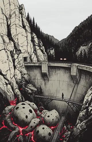 A weathered concrete dam spans a rocky canyon with dense evergreen forests and large glowing organic masses in the foreground, seen from a high angle.