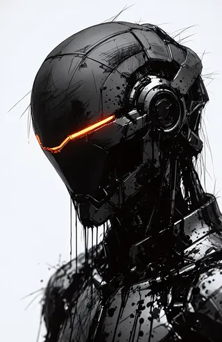 Side profile of a mechanical humanoid head with a dark matte helmet featuring an orange glowing slit and ink splatters over a white background.