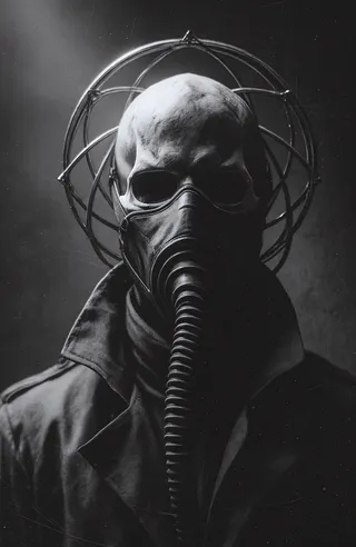Monochrome bust portrait of a skeletal figure wearing a plague doctor mask with a ribbed hose, framed by a metallic geometric halo, in cinematic lighting.