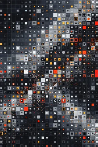 A digital carpet design featuring an abstract grid of colorful squares in shades of orange, white, gray, and black with a modern geometric pattern.