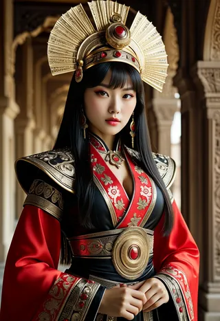 Portrait of a WuXia heroine wearing intricate red and black Hanfu silk attire trimmed with gold, standing in an ancient temple hall with a golden, detailed headdress.