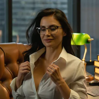 Photorealistic close-up of a woman with detailed skin pores wearing glasses and a white shirt, seated in a leather chair in an office.