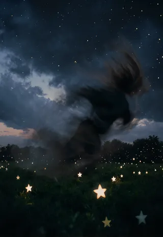 A dark whirlwind swirling in the twilight sky above a field of glowing star-shaped lights scattered in lush greenery under a moody, dramatic night sky.